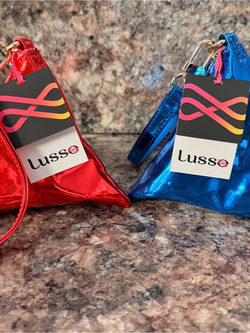 Lusso Metallic NASA Dumpling Bag Set Red Blue Pyramid Wristlet